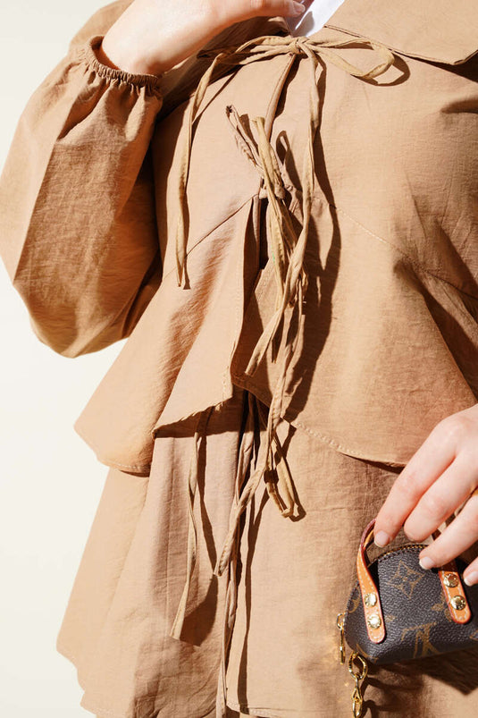 Front Rope Tied Blouse Skirted Two Piece Set Camel