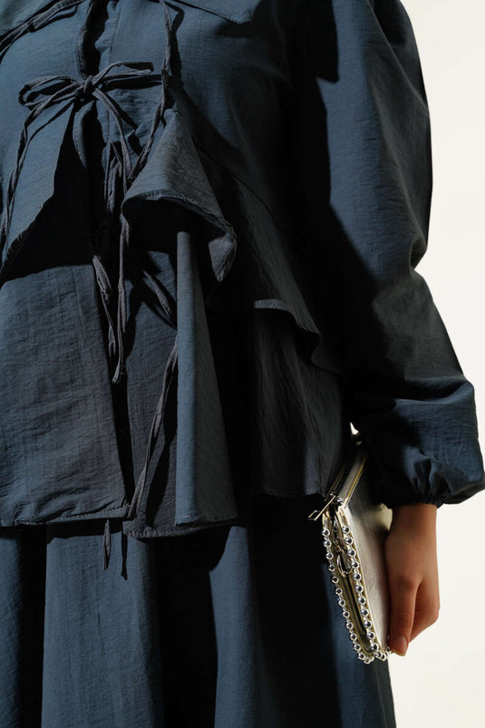 Front Rope Tied Blouse Skirted Two Piece Suit Smoke