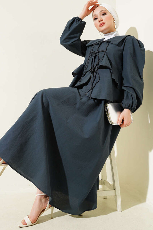 Front Rope Tied Blouse Skirted Two Piece Suit Smoke