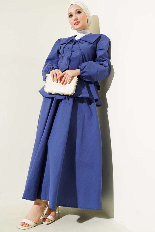 Indigo Double-Piece Blouse and Skirt Set with Rope Front