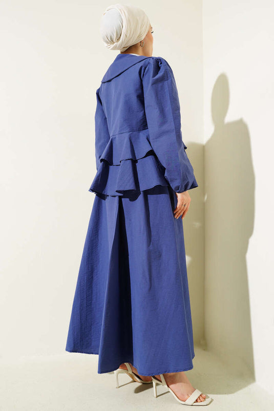 طقم بلوزة وتنورة من قطعتين باللون النيلي مع حبل أمامي