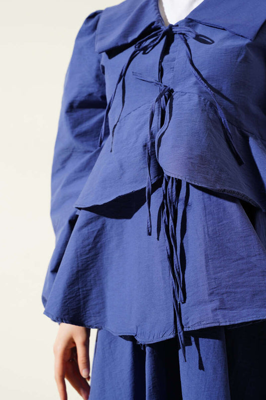 Indigo Double-Piece Blouse and Skirt Set with Rope Front