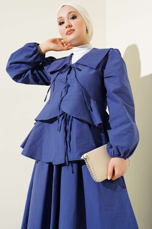 طقم بلوزة وتنورة من قطعتين باللون النيلي مع حبل أمامي