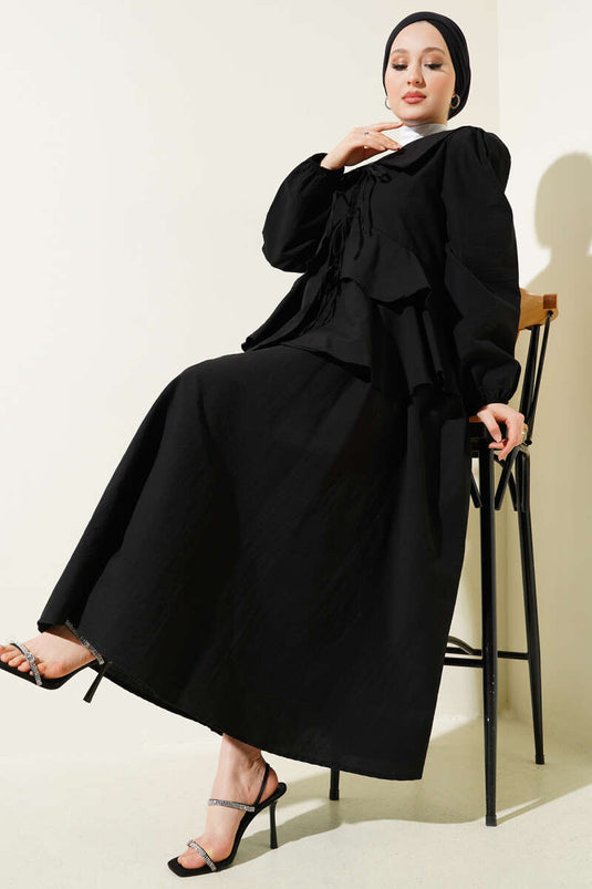 Önü İp Bağlamalı Bluzlu Etekli İkili Takım Siyah