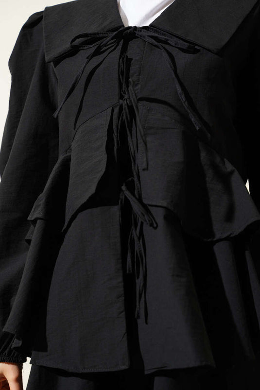 Önü İp Bağlamalı Bluzlu Etekli İkili Takım Siyah