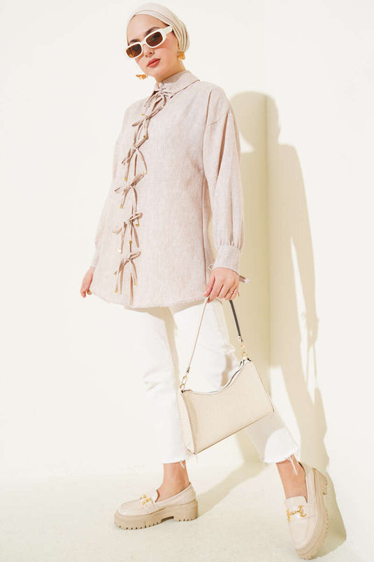 Beige Shirt with Tie Front