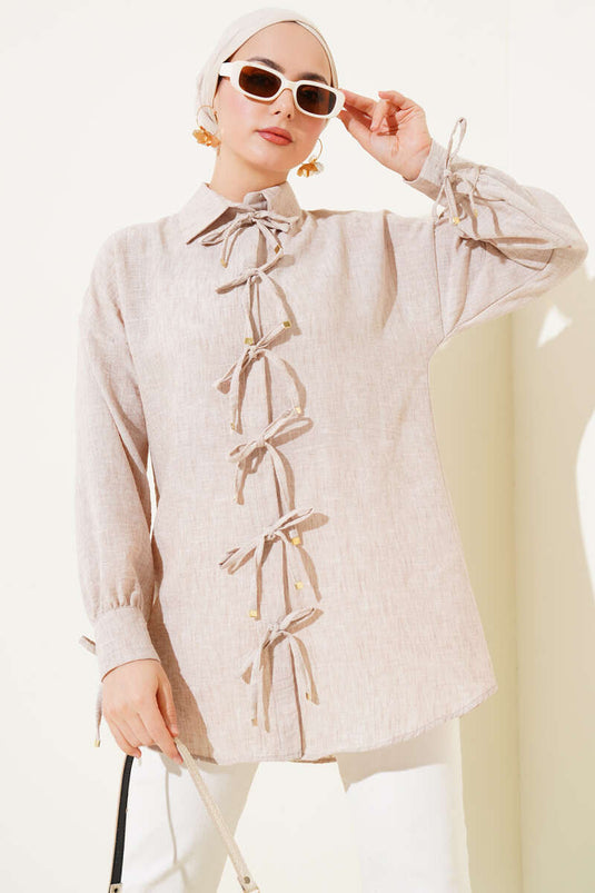 Beige Shirt with Tie Front
