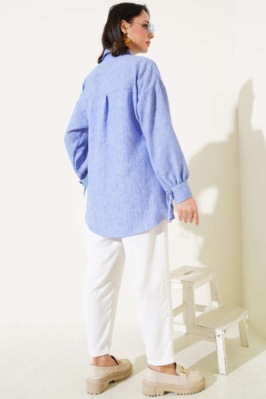 قميص نيلي برباط أمامي من الحبل