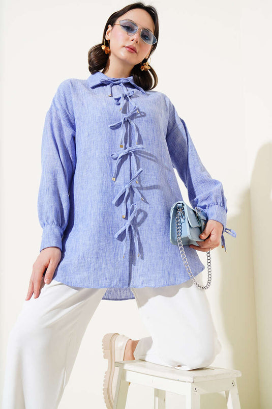 قميص نيلي برباط أمامي من الحبل