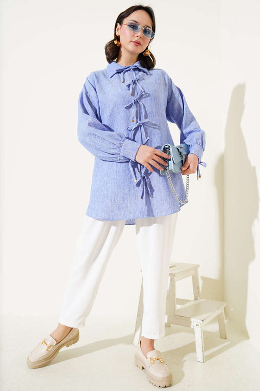 قميص نيلي برباط أمامي من الحبل
