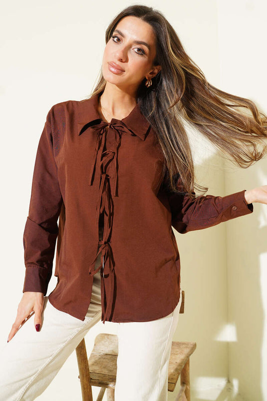 Vorderseite Schnurgebundene Hemd Kaffeebraun