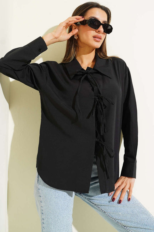 Chemise noire à cordon de serrage avant