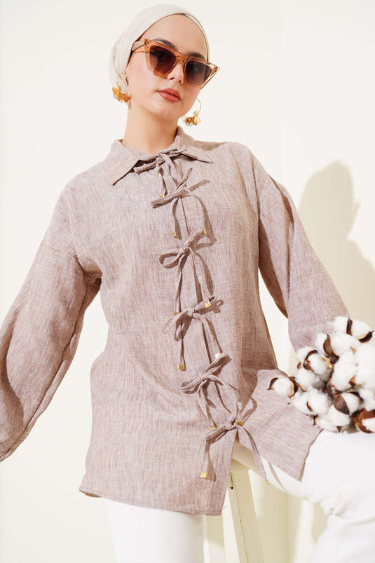 Shirt with Tie Front Beige