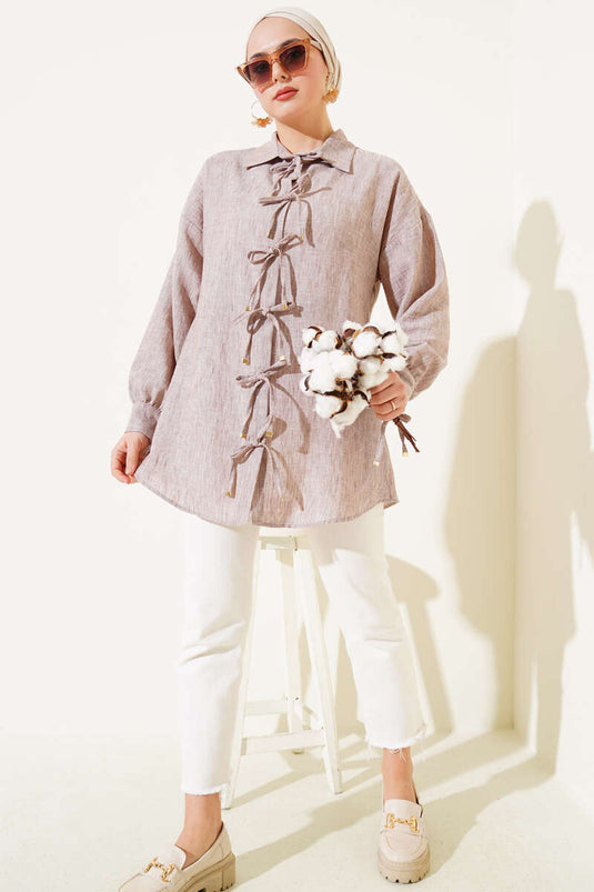 Shirt with Tie Front Beige