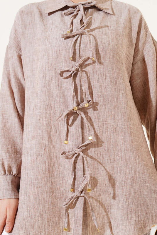 Shirt with Tie Front Beige
