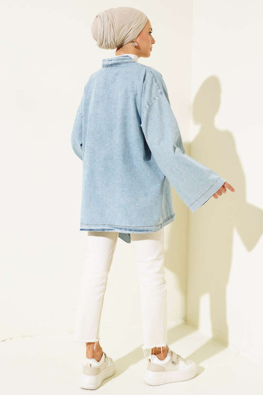 كيمونو جينز برباط أمامي من الحبل باللون الأزرق الجليدي