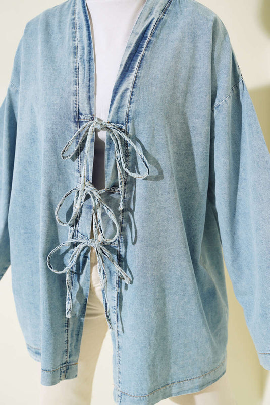 Jeans-Kimono mit Kordelzug vorne, Eisblau