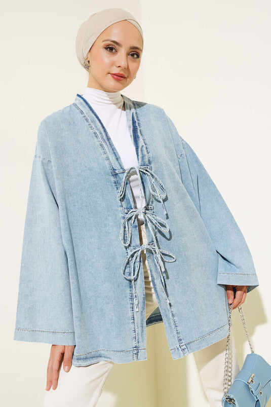 Jeans-Kimono mit Kordelzug vorne, Eisblau