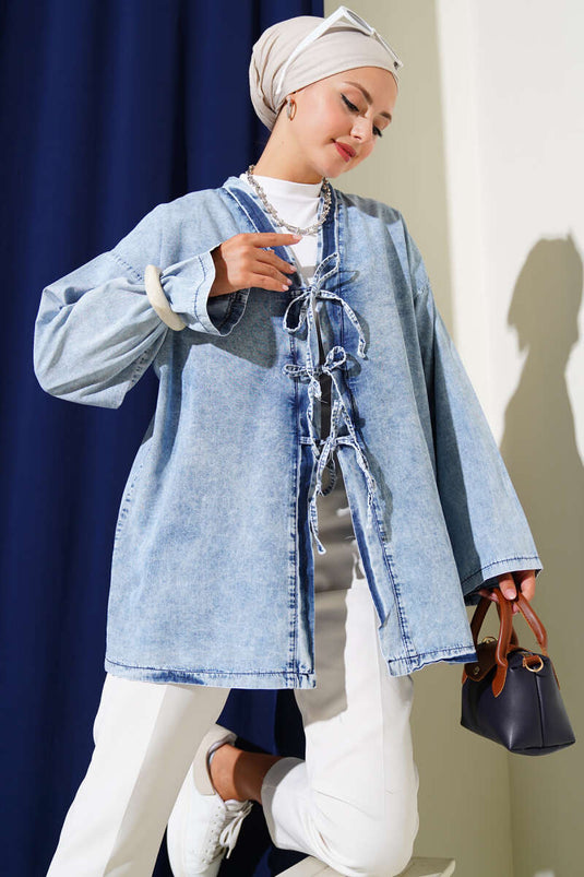 كيمونو جينز مع حبل أمامي وأزرق متوسط