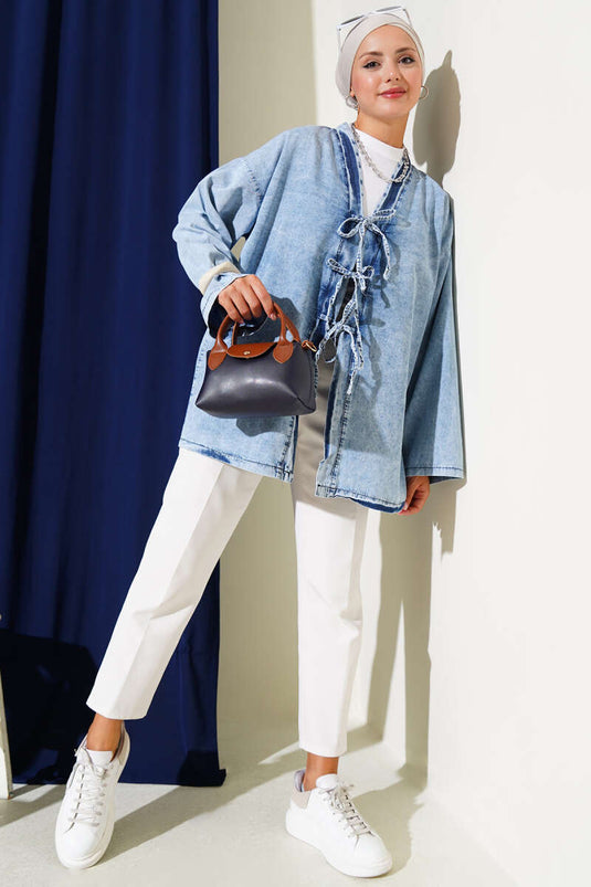 كيمونو جينز مع حبل أمامي وأزرق متوسط