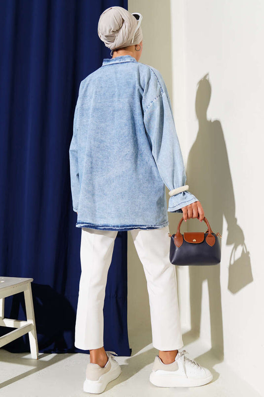 كيمونو جينز مع حبل أمامي وأزرق متوسط