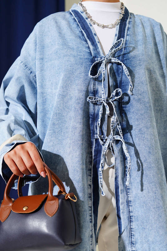 كيمونو جينز مع حبل أمامي وأزرق متوسط