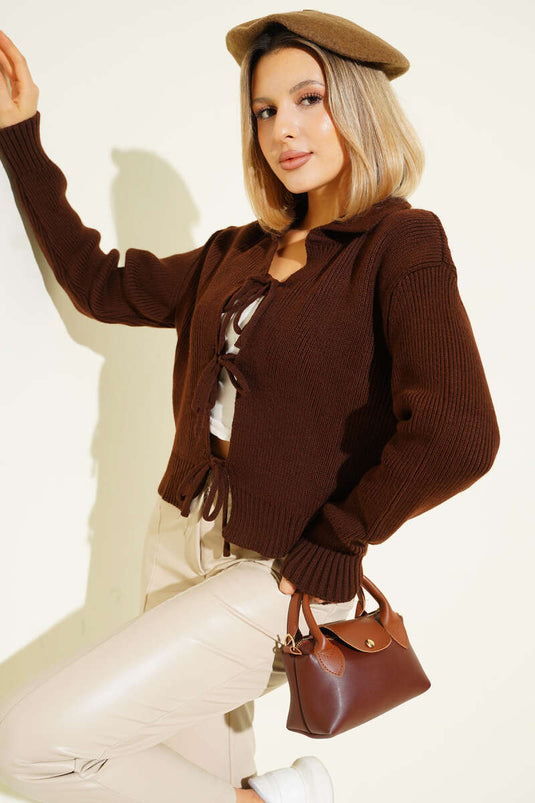 Önü İp Bağlamalı Triko Hırka Kahve