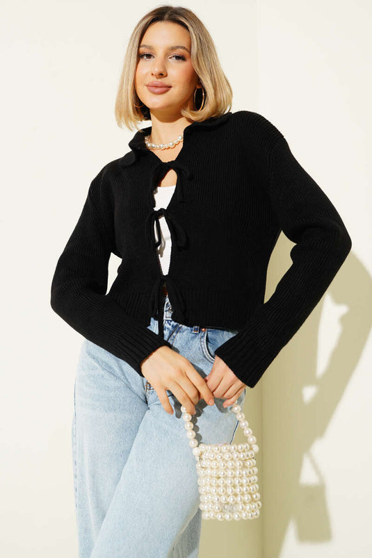 Black Knitted Cardigan with Drawstring Front