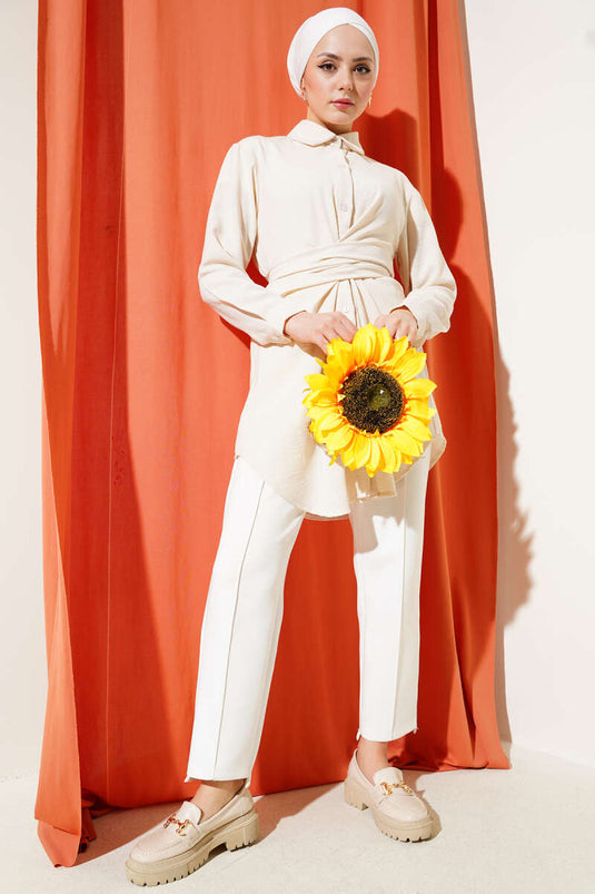 Self-Tie Front Shirt Beige