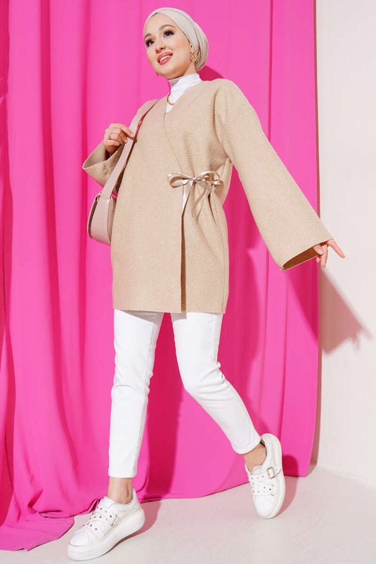 Ribbon Front Boucle Jacket Beige