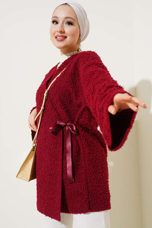 Önü Kurdeleli Buklet Ceket Bordo