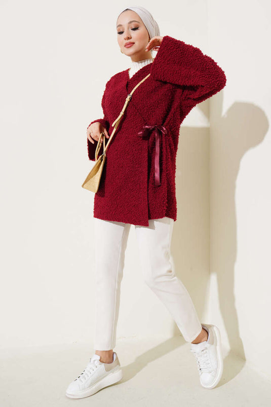 Veste bouclée avec ruban sur le devant, bordeaux
