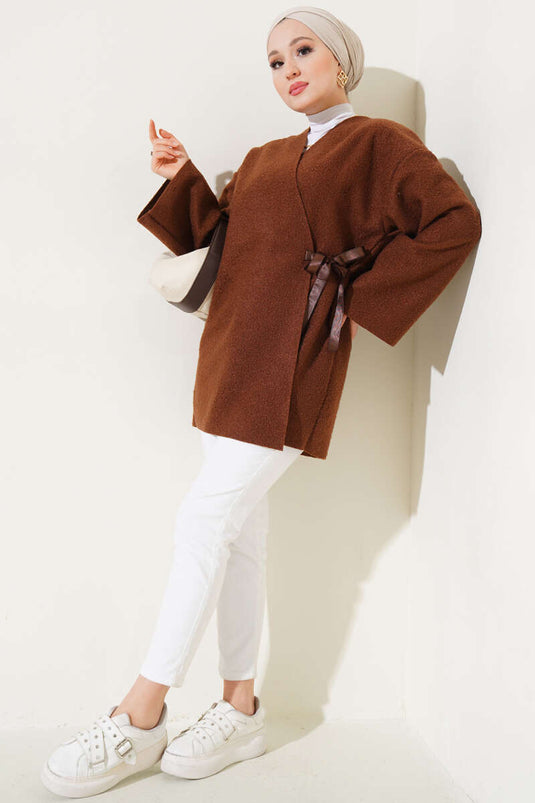 Ribbon Front Boucle Jacket Brown