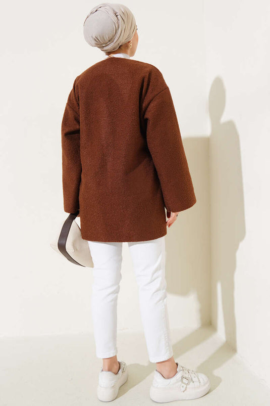 Ribbon Front Boucle Jacket Brown