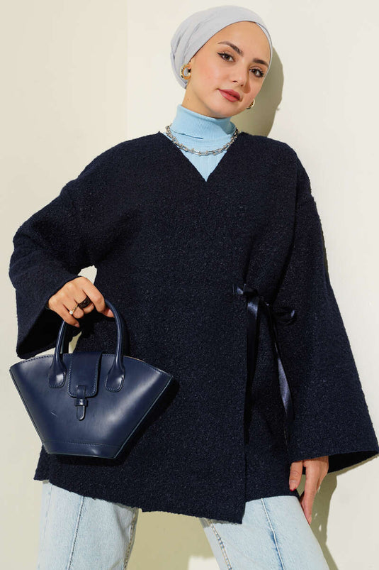 Önü Kurdeleli Buklet Ceket Lacivert