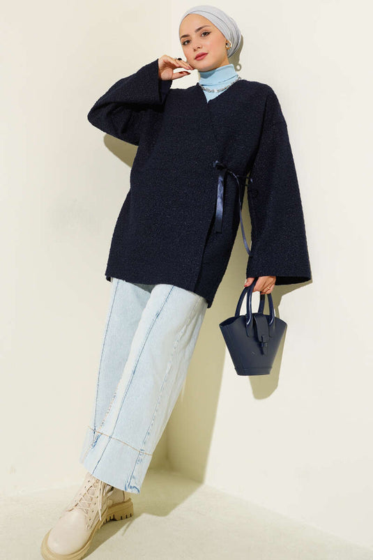 Önü Kurdeleli Buklet Ceket Lacivert