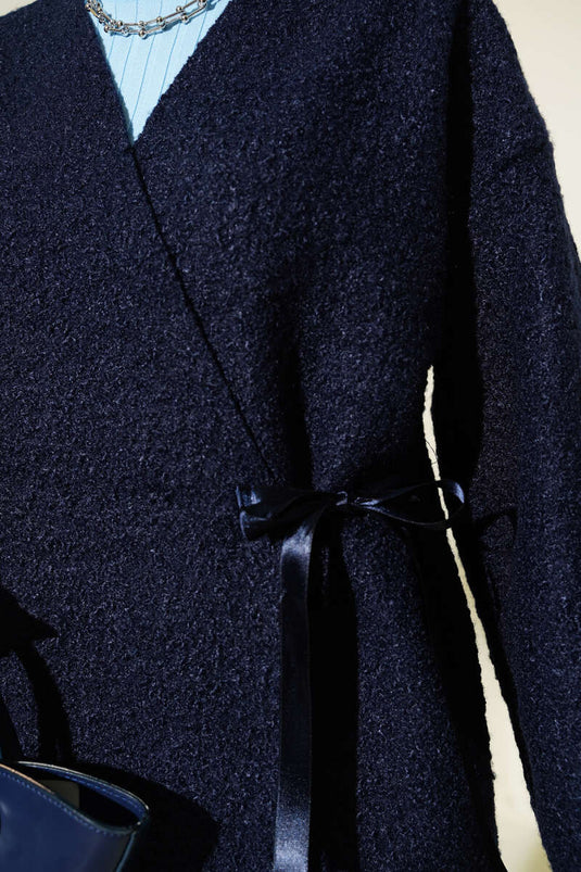 Önü Kurdeleli Buklet Ceket Lacivert