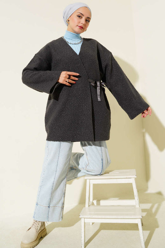 Önü Kurdeleli Buklet Ceket Mint Antrasit