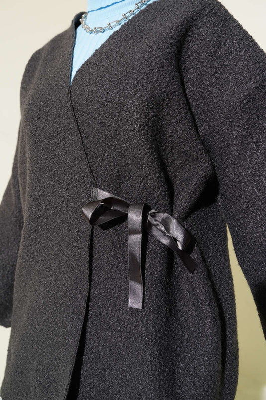 Önü Kurdeleli Buklet Ceket Mint Antrasit