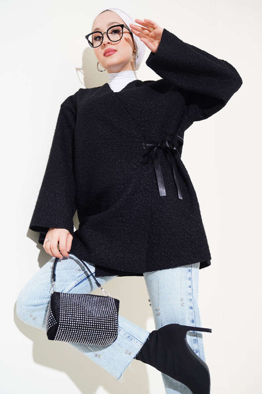 Ribbon Front Boucle Jacket Black