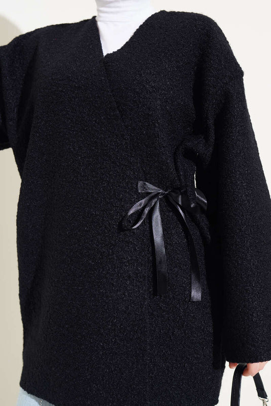 Ribbon Front Boucle Jacket Black