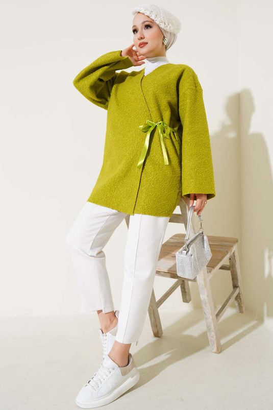 Veste bouclée à ruban sur le devant, vert pétrole