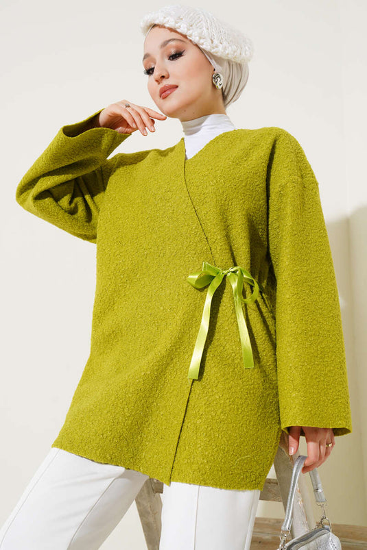 Ribbon Front Boucle Jacket Oil Green