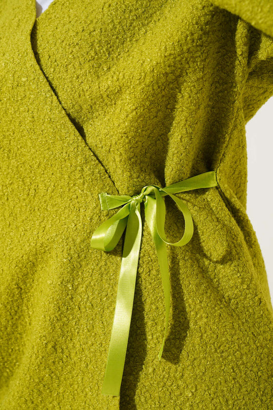 Ribbon Front Boucle Jacket Oil Green