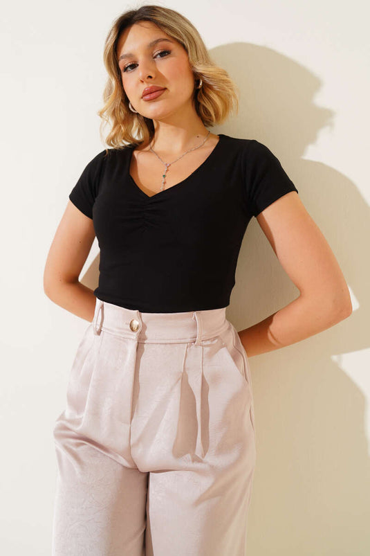 Black V-Neck Crop Top with Elasticated Front