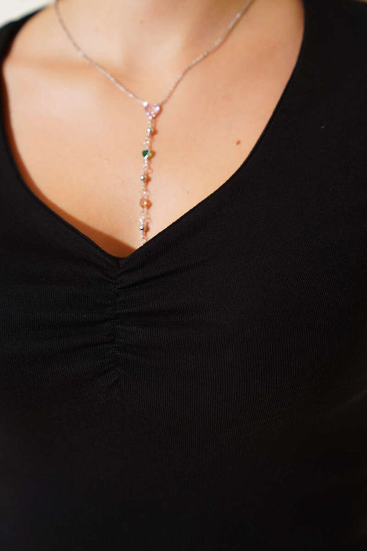 Black V-Neck Crop Top with Elasticated Front