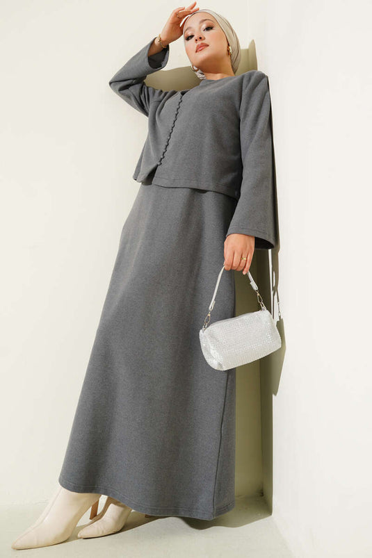 Önü Mini Düğmeli Elbise İkili Takım Füme