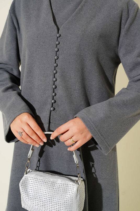 Önü Mini Düğmeli Elbise İkili Takım Füme