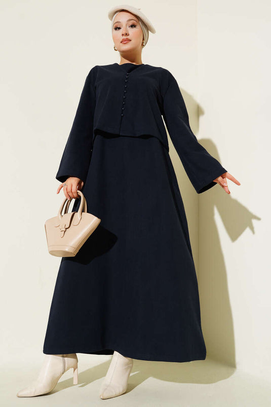 Front Mini Buttoned Dress Two-Piece Set Navy Blue