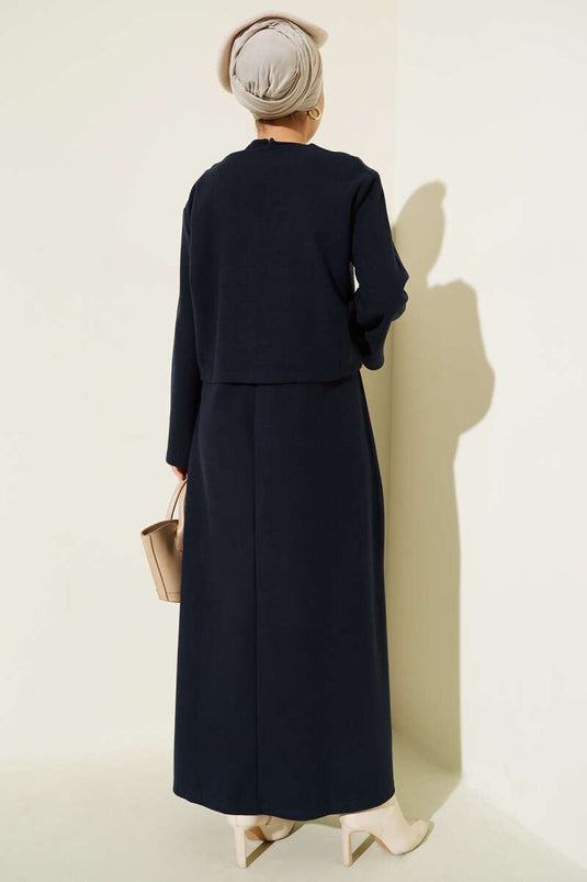 Front Mini Buttoned Dress Two-Piece Set Navy Blue